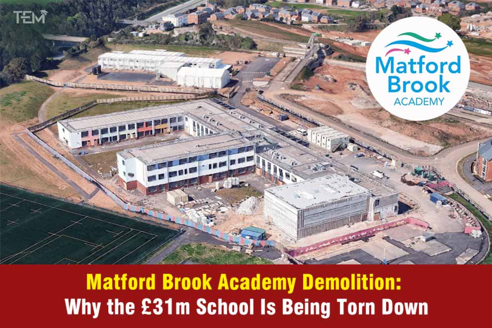 Aerial view of Matford Brook Academy construction site in Exeter, highlighting the £31 million school building that is being demolished due to structural safety concerns.