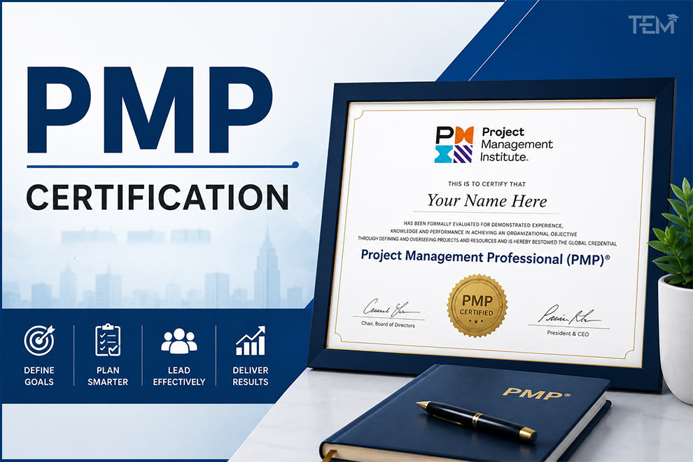 PMP Certification (Project Management Professional) certificate awarded by the Project Management Institute (PMI), highlighting project management credential, career advancement, leadership, planning, and professional development.