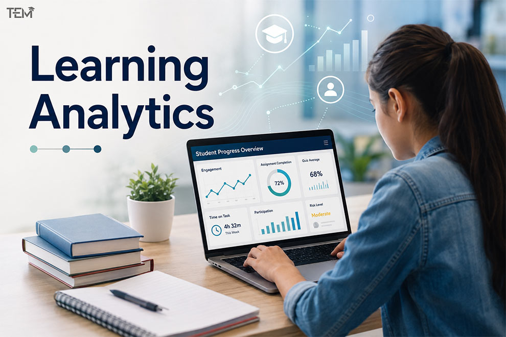 Learning analytics dashboard showing student progress, engagement, assignment completion, and quiz performance