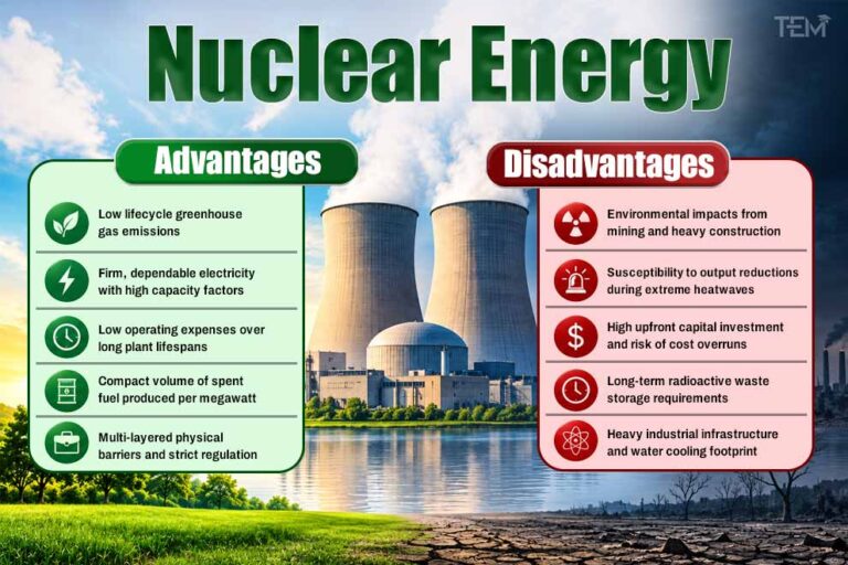Nuclear energy advantages and disadvantages including emissions, reliability, cost, waste, and environmental impacts