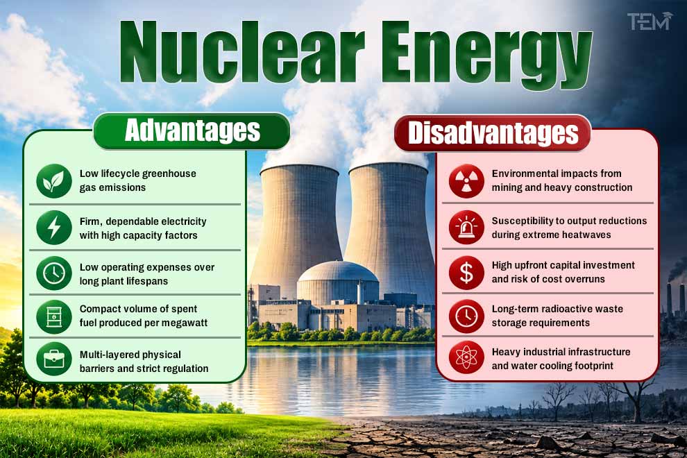 Nuclear energy advantages and disadvantages including emissions, reliability, cost, waste, and environmental impacts