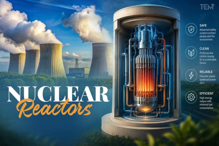Nuclear reactor core with cooling towers illustrating nuclear power generation
