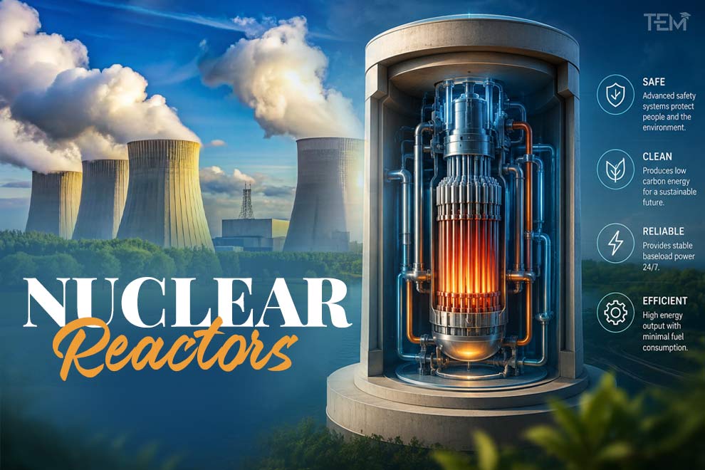 Nuclear reactor core with cooling towers illustrating nuclear power generation